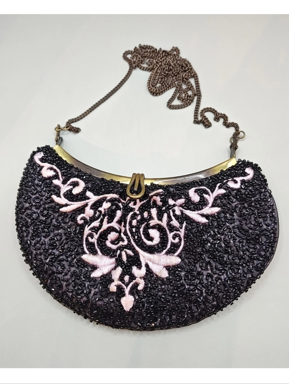 Vtg Art Deco Flapper Beaded Purple Silk Crescent Moon Clutch Purse Chain Strap